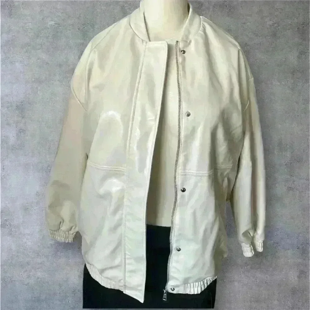 Maeve by Anthropologie ivory women's Oversized Faux Leather Bomber Jacket size L